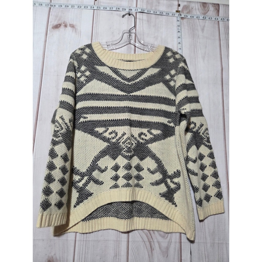 Maddison Womens Tribal‎ Aztec Knit Sweater Cream Black High Low Hem ERCC-0270A S